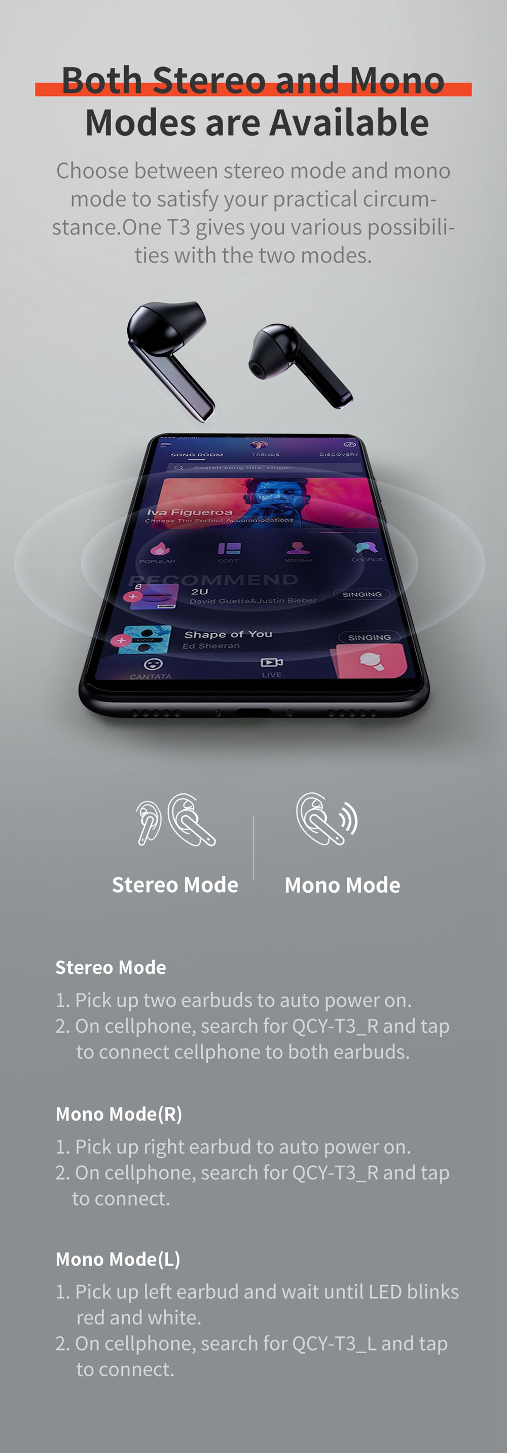 QCY T3 Bluetooth 5.0 TWS Earphones Stereo/Mono Mode AAC/SBC Tech 25 Hours Battery Life IPX5 3D Stereo