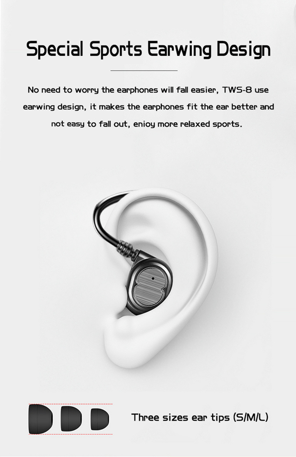TWS-8 Bluetooth 5.0 Earbuds with Mic IPX4 Water Resistant - Black