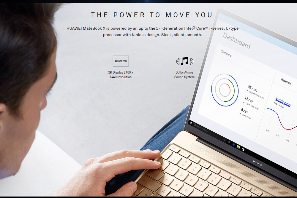 Huawei MateBook X Laptop Intel Core i5-7200U Dual Core 13" IPS 2160*1440 Windows 10 4GB RAM 256GB SSD - Grey