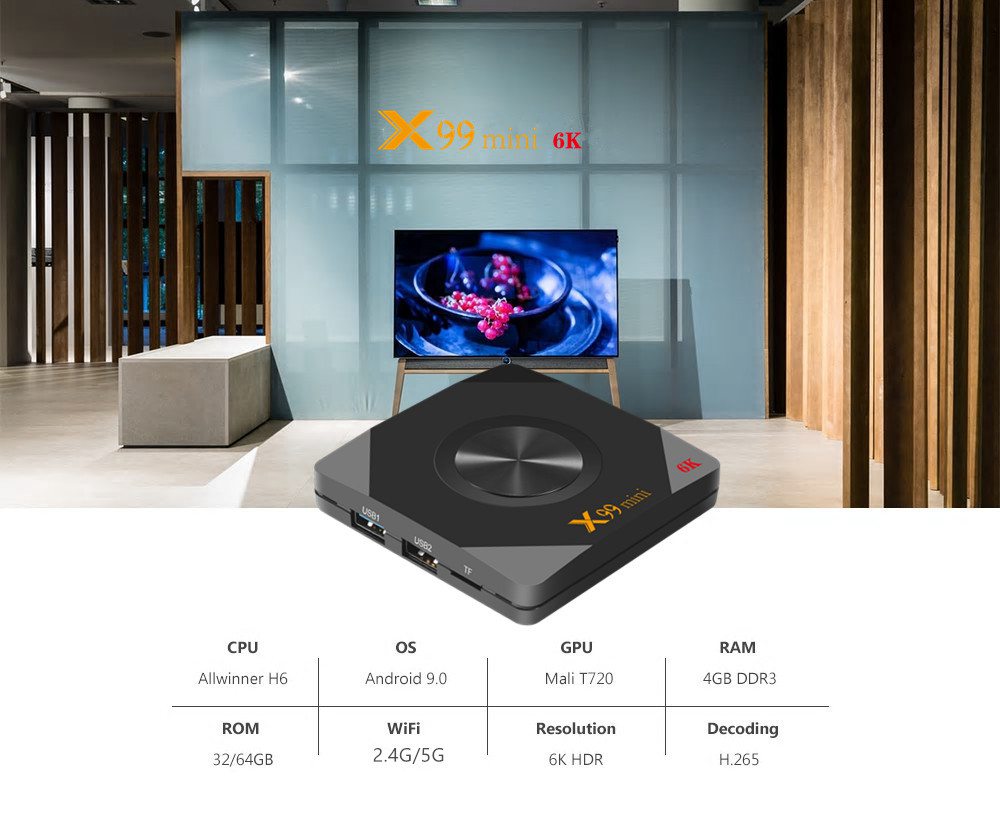 X99 mini Allwinner H6 Android 9.0 6K HDR TV Box 4G/32G 2.4G+5G WiFi 100Mbps LAN USB3.0
