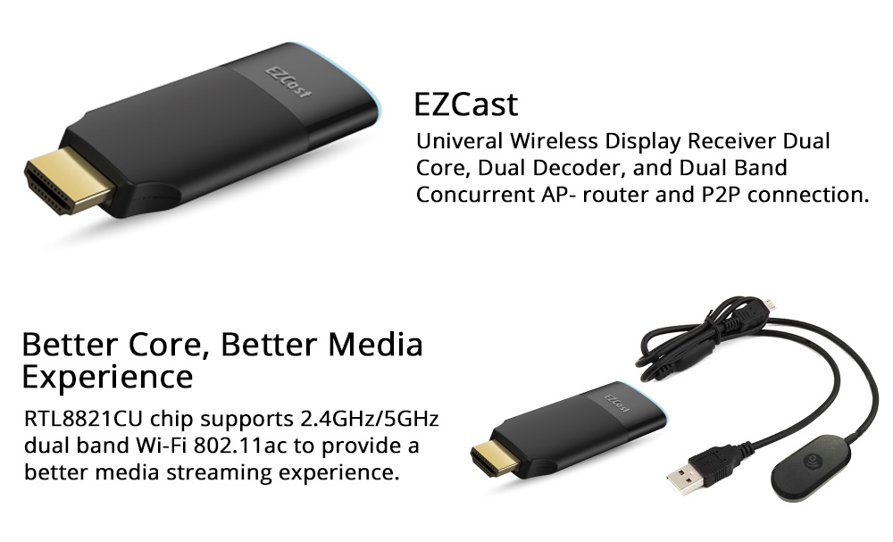Ezcast2 wifi display 4K/30P Miracast(Android,Windows)DLNA and Airplay(IOS) 2.4G+5G WIFI