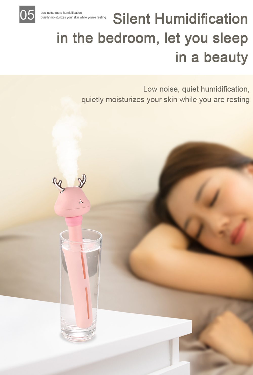 Mini USB Portable Deer Cool Mist Humidifier For Travel Car Home Hotel Office - Pink