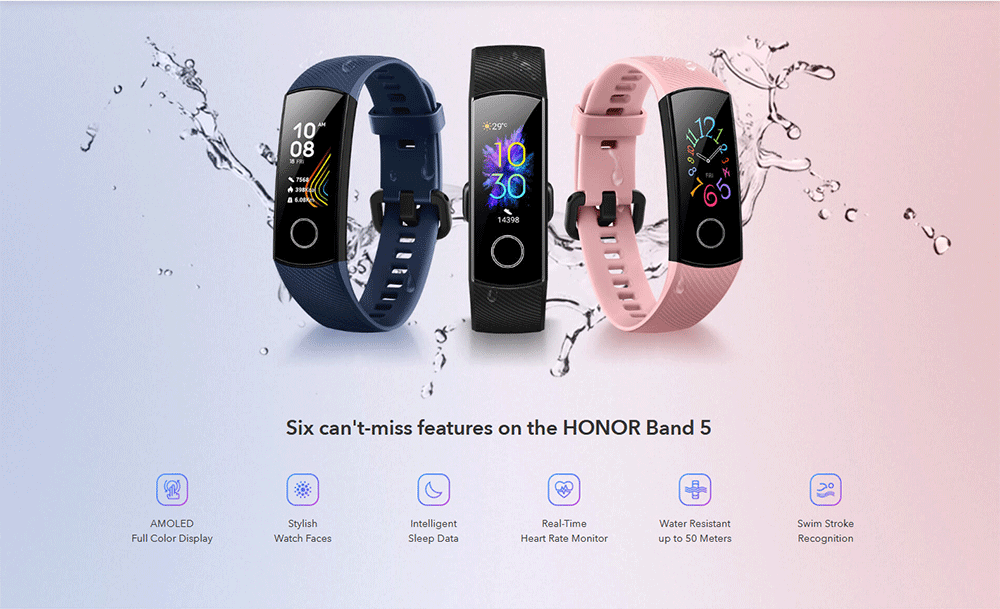 HUAWEI Honor Band 5 Smart Bracelet Blood Oxygen 0.95 Inch AMOLED Touch Large Color Screen 5ATM Heart Rate Monitor Swimming Posture Recognition Global Version - Black