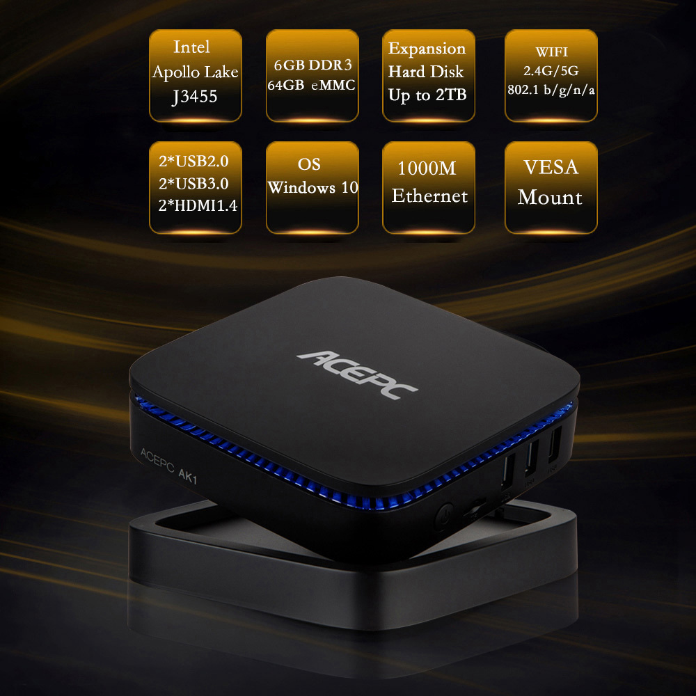 ACEPC AK1H Licensed Windows 10 Intel Apollo Lake J3455 6GB/64GB Mini PC Dual Band WiFi Gigabit LAN Bluetooth SATA 3.0 USB3.0*2 HDMI*2 Type-C 2.5 inch HDD Bay