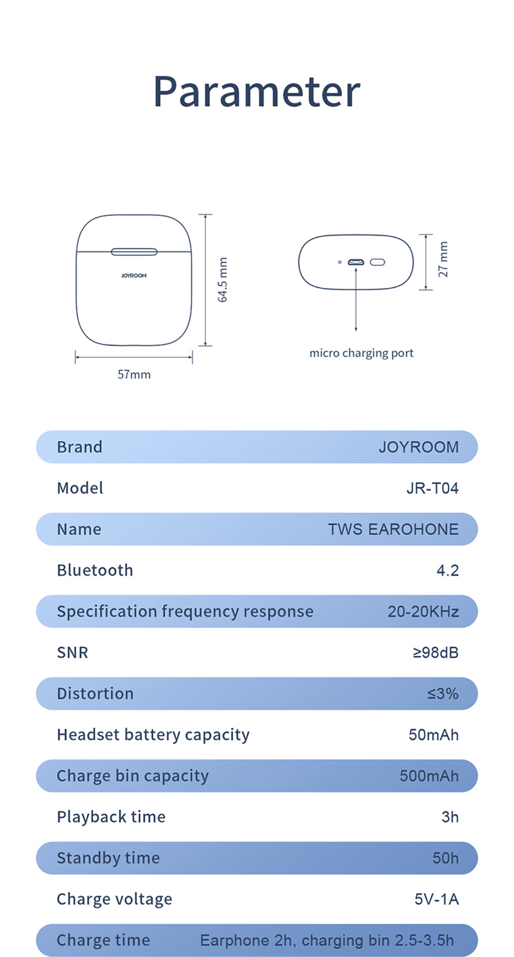 JOYROOM JR-T04 TWS Bluetooth Earbuds with Mic IPX5 Water Resistant - White