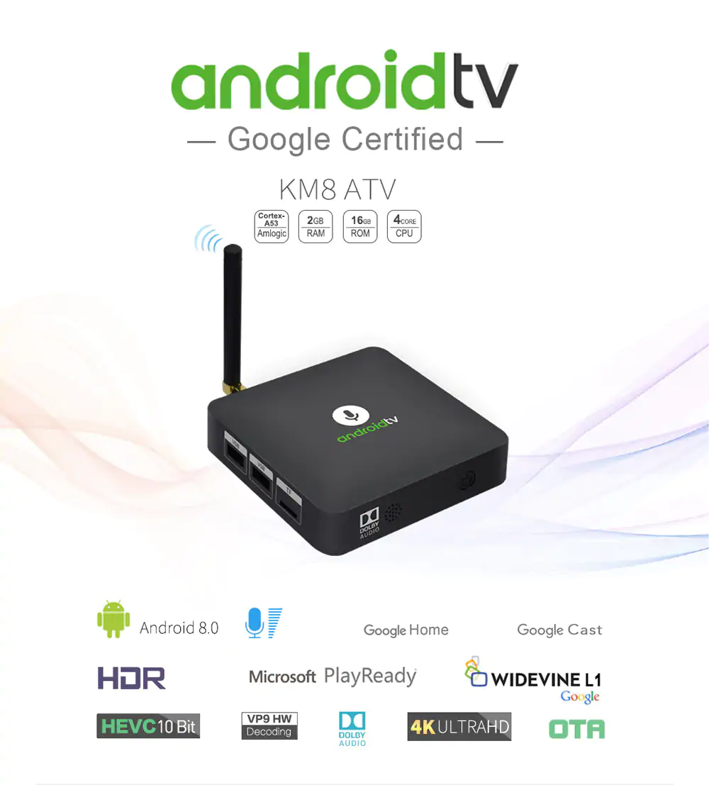 MECOOL KM8 Google Certified Amlogic S905X Android TV OS Android 8.0 2GB/16GB TV Box with Voice Remote VP9 HDR10 Dolby Audio Support Youtube 4K
