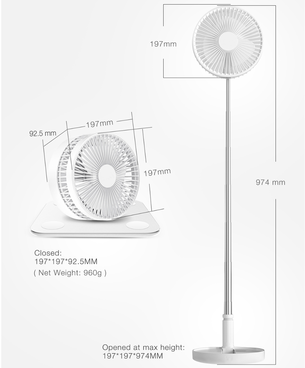 Mini Foldable Stretchable Fan Ultra Compact Pedestal Fan 7200mAh - White