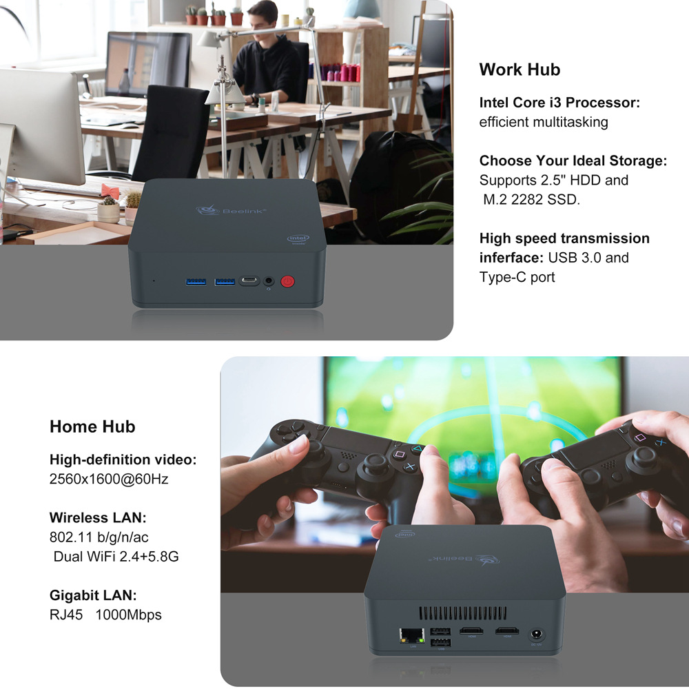 Beelink U55 Intel Core I3-5005U 8G RAM/512G Mini PC SSD 2.4G+5G WIFI Bluetooth 1000Mbps LAN 2xHDMI