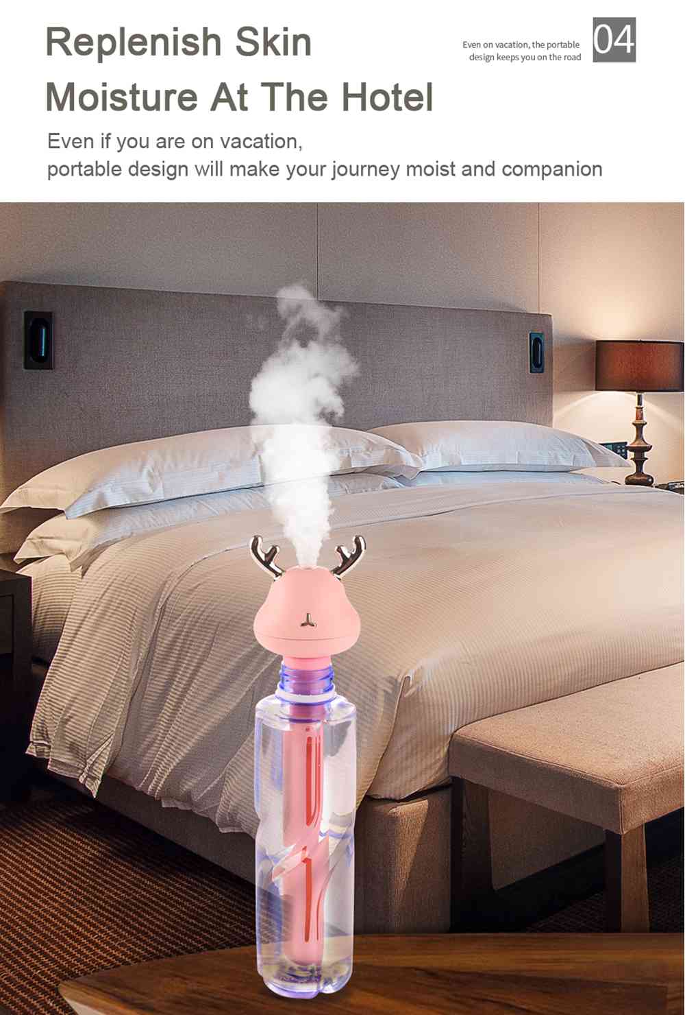 Mini USB Portable Deer Cool Mist Humidifier For Travel Car Home Hotel Office - Pink