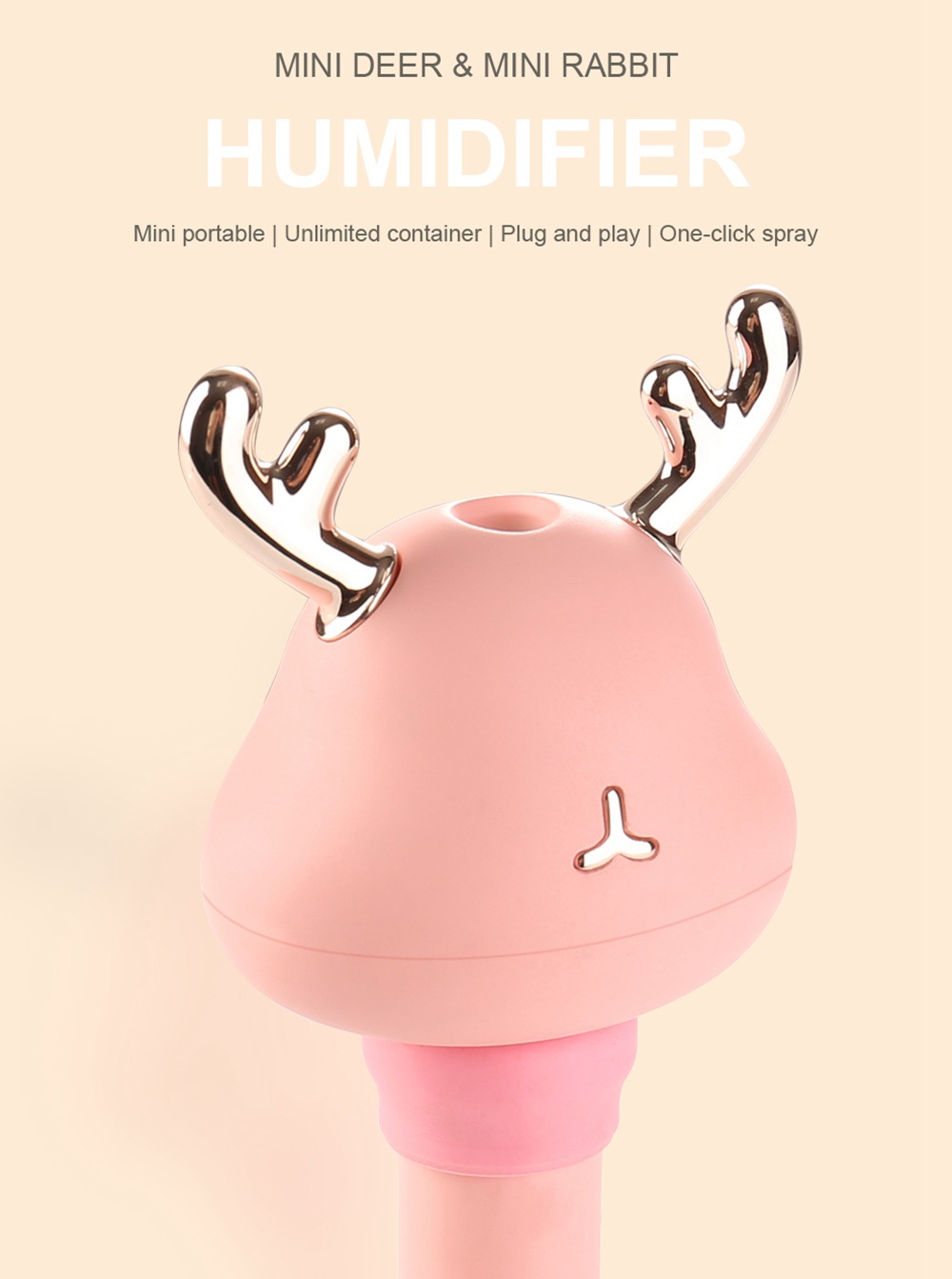 Mini USB Portable Deer Cool Mist Humidifier For Travel Car Home Hotel Office - Pink