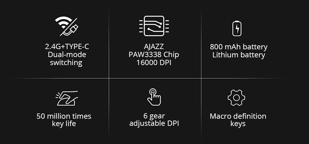 Ajazz i305Pro Gaming Mouse Wireless/Wired Dual-Mode Switch 16000 DPI 8 Keys Customized Programmable Buttons RGB Colorful Lights - Black