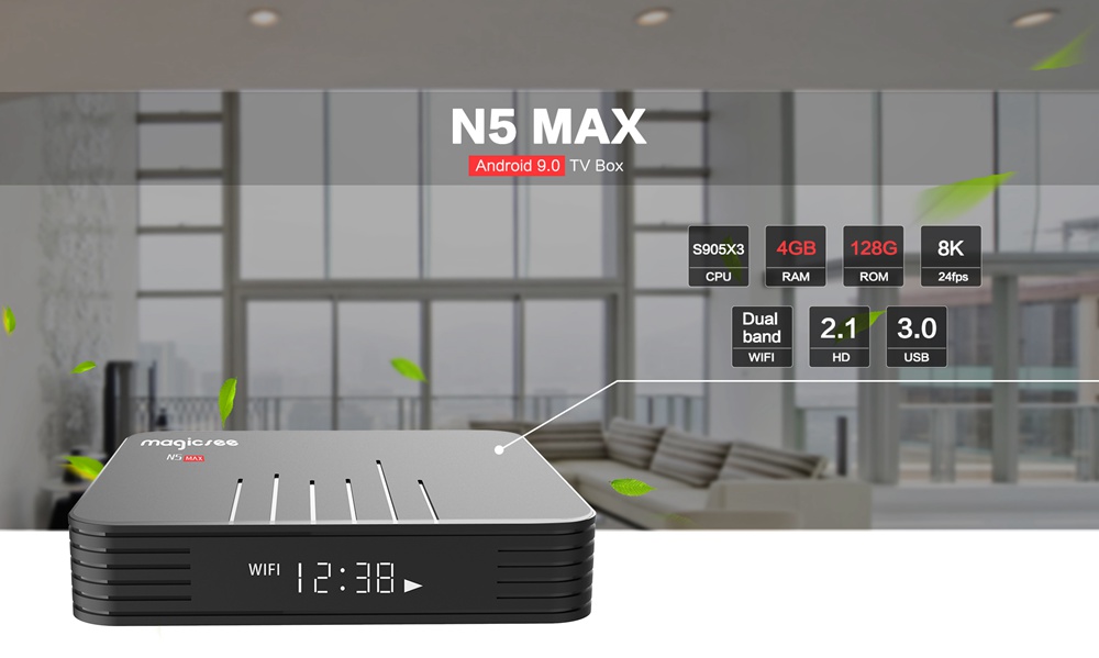 MAGICSEE N5 MAX Amlogic S905X3 Android 9.0 8K Video Decode TV BOX 2GB/16GB 1000Mbps LAN HDMI2.1 2.4G+5G WIFI Bluetooth USB3.0