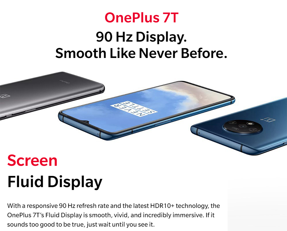 OnePlus 7T 6.55 Inch 4G LTE Smartphone Snapdragon 855 Plus 8GB 256GB 48.0MP+12.0MP+16.0MP Triple Rear Cameras NFC Face Unlock Oxygen OS Global Rom - Glacier Blue