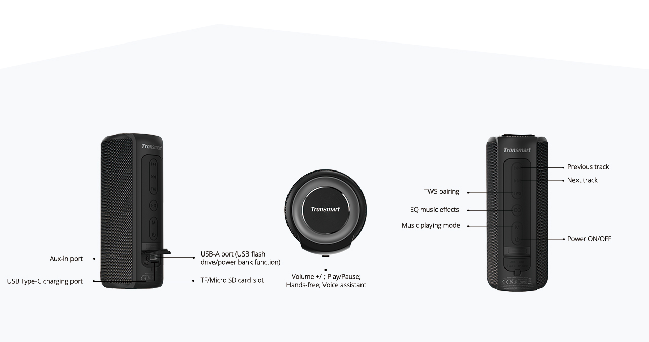 Tronsmart Element T6 Plus SoundPulse™ Portable Bluetooth Speaker with 40W Max Output Deep Bass IPX6 Waterproof - Black