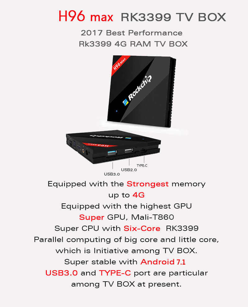 H96 MAX RK3399 Hexa Core 2.0Ghz 4K TV BOX Android 7.1 4GB/32GB Type-C USB3.0 AC WIFI 1000M LAN Bluetooth