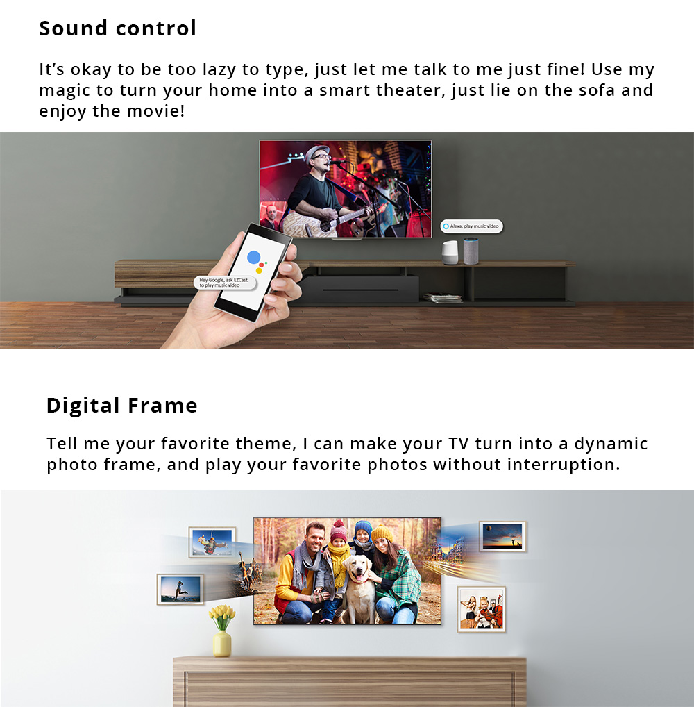 EZCast AM8269D 16MB Flash 128 Dram Ethernet to HDMI Cable Google Assistant Alexa for Windows/macOS/Android/iOS - White