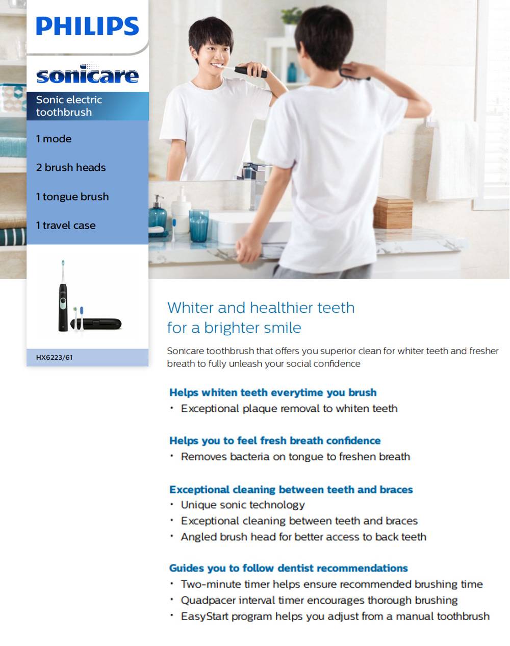 Philips Sonicare 2 Series Plaque Control HX6213/60 Sonic Electric Toothbrush With 3 Brush Heads - Black