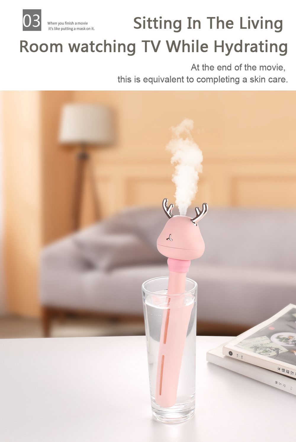 Mini USB Portable Deer Cool Mist Humidifier For Travel Car Home Hotel Office -White
