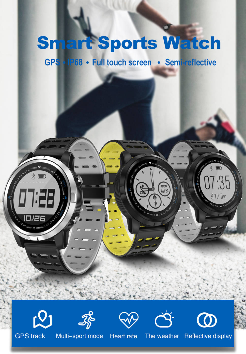 N105 Smartwatch Heart Rate Monitor IP68 Water Resistant GPS Multi-Sport Mode - Black