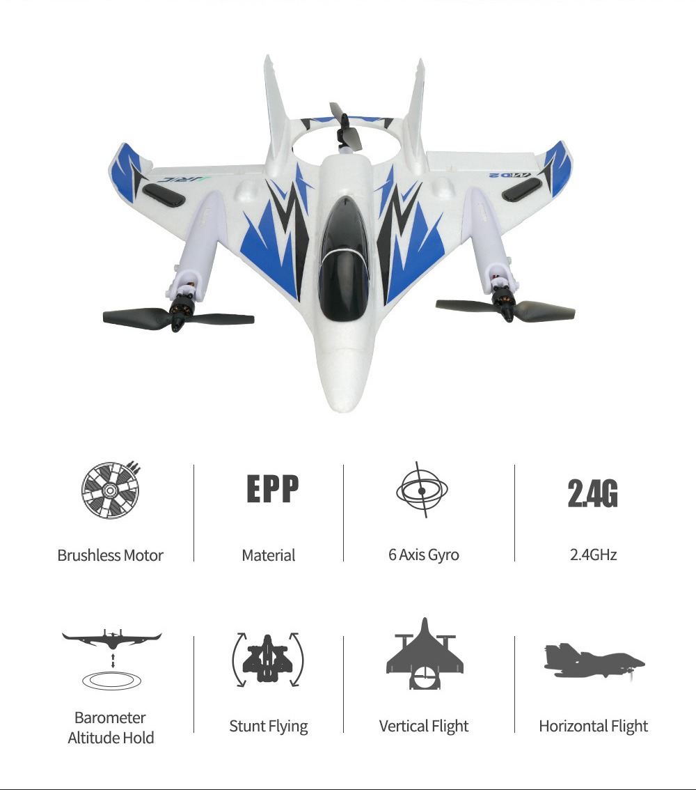 JJRC M02 2.4G 6CH Brushless EPO 450mm Wingspan 3D/6G Mode Switchable VTOL FPV Flying Wing RC Airplane RTF - Blue