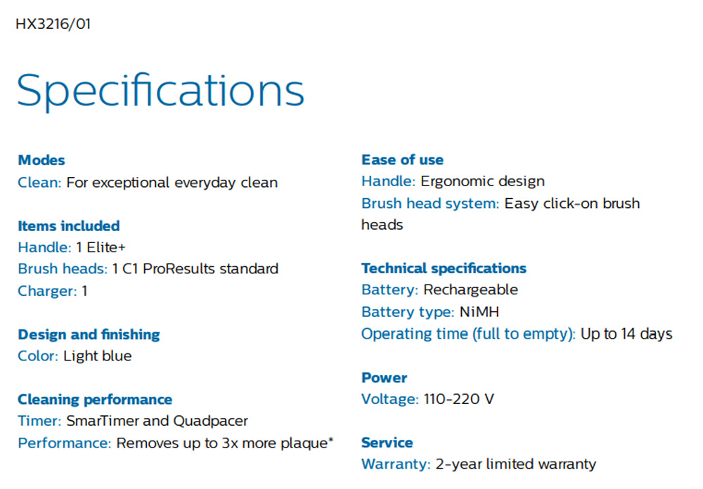 Philips Sonicare Elite+ HX3216/01 Sonic Electric Toothbrush - Blue