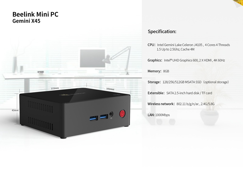 Beelink Gemini X45 Premium Windows 10 Intel Gemini Lake J4105 8GB/128GB Mini PC Intel® UHD Graphics 600 2.4G/5G WIFI Gigabit LAN HDMI*2 USB3.0*4 mSATA PCIE