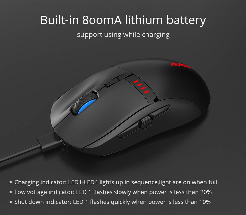 Ajazz i305Pro Gaming Mouse Wireless/Wired Dual-Mode Switch 16000 DPI 8 Keys Customized Programmable Buttons RGB Colorful Lights - Black