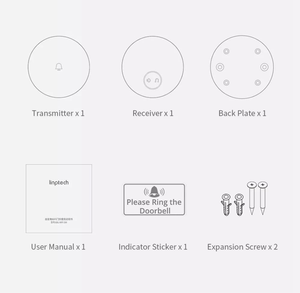 Xiaomi Linptech 110-240V Wireless Doorbell Automatic Generator Mijia APP Music Button CN Plug - White