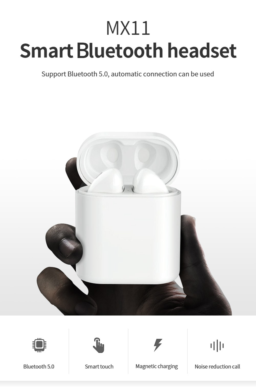 MX11 Bluetooth V5.0 TWS Earbuds Siri Assistant 400mAh Charging Battery Touch Control Hifi Sound Noise Canceling - White
