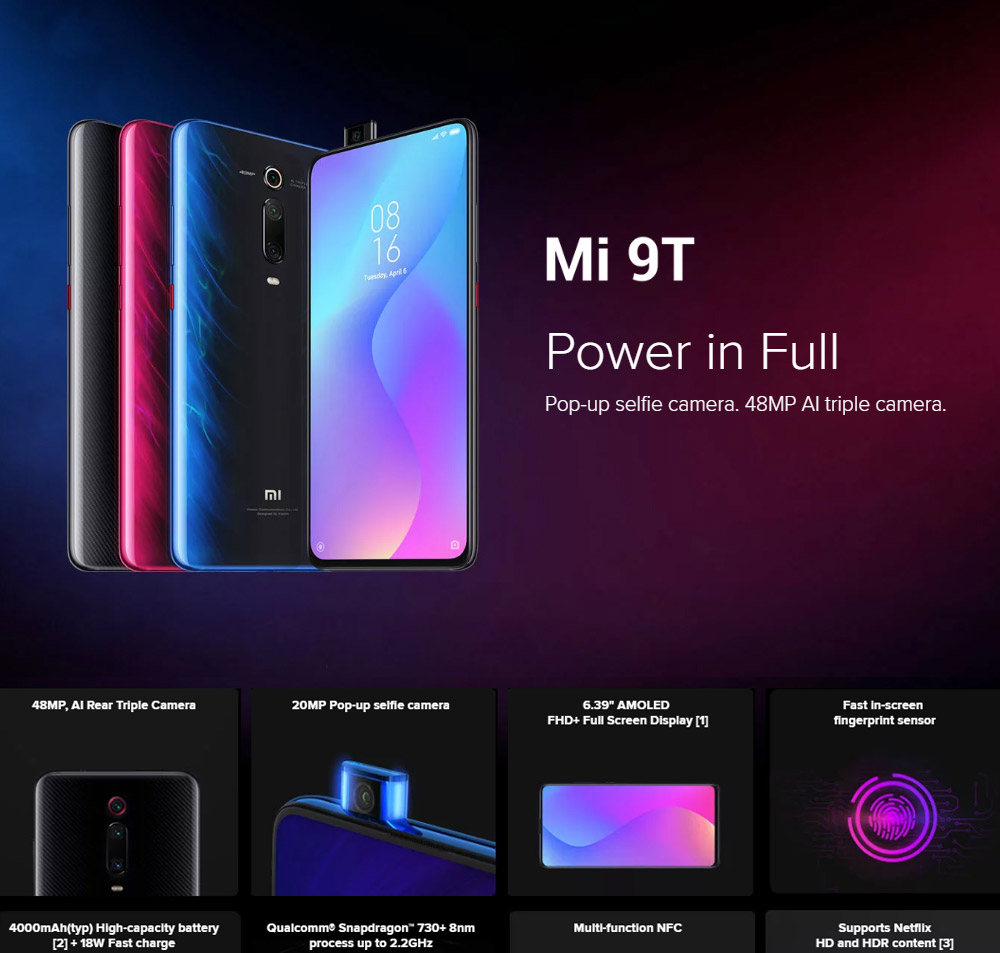 Xiaomi Mi 9T 6.39 Inch 4G LTE Smartphone Snapdragon 730 6GB 64GB 48.0MP+8.0MP+13.0MP Triple Rear Cameras MIUI 10 In-display Fingerprint Fast Charge Global Version - Black