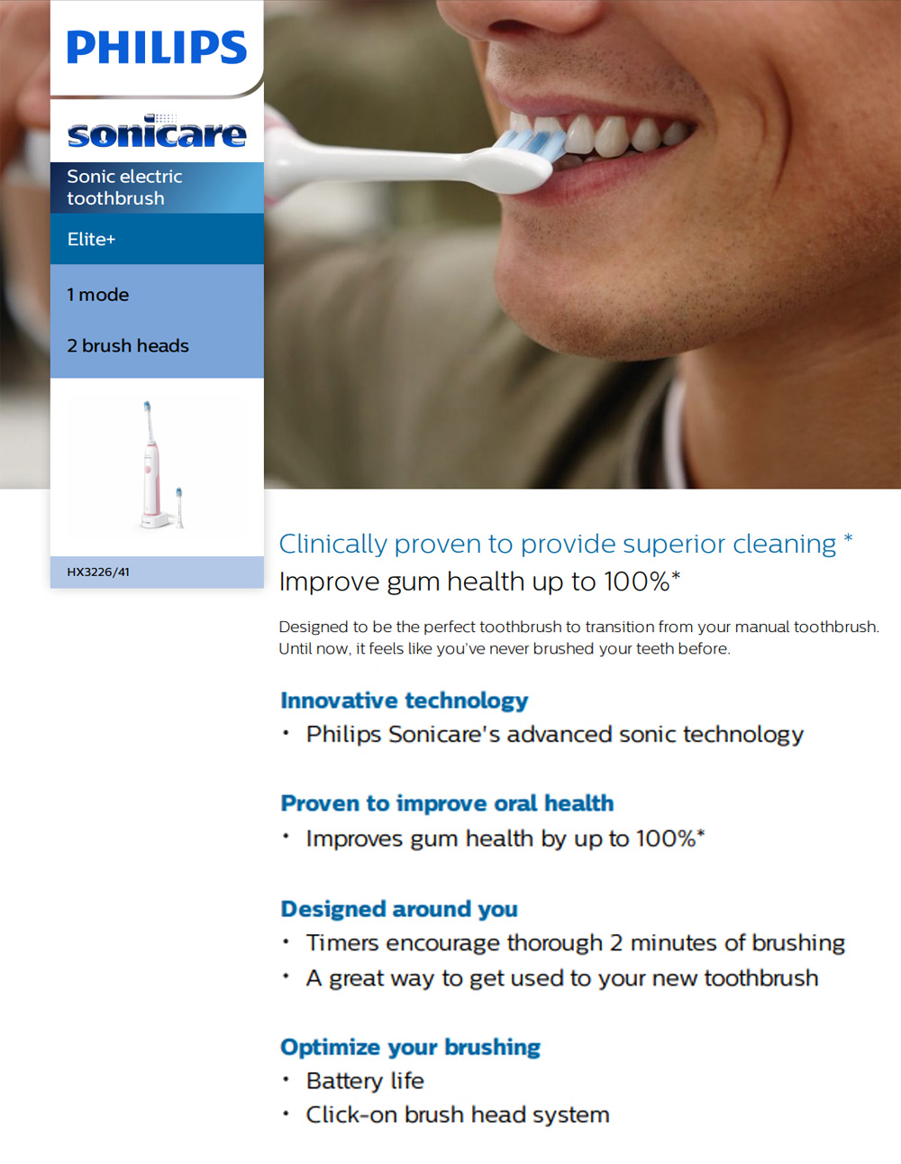 Philips Sonicare Elite+ HX3226/41 Sonic Electric Toothbrush - Pink