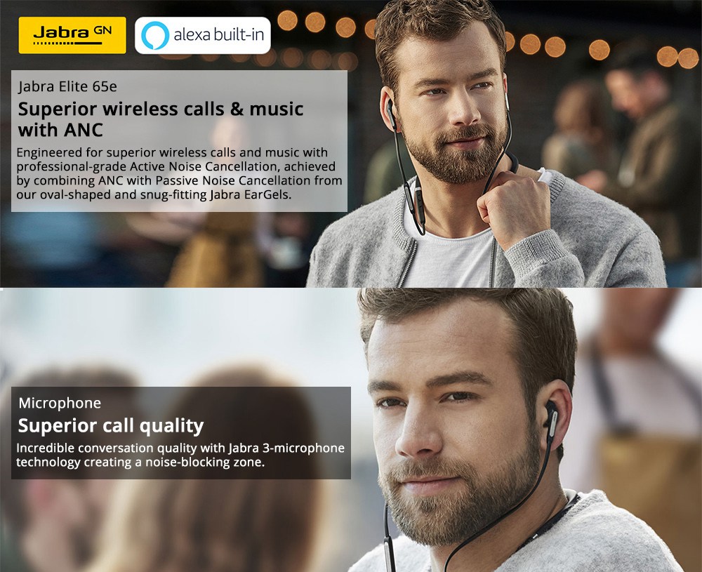 Jabra Elite 65e Wireless Bluetooth 5.0 In-Ear Earphones Active Noise Cancellation Alexa Siri Google Assistant - Black