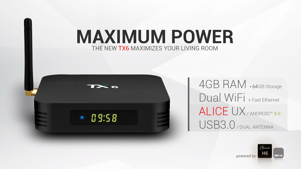 TANIX TX6 Allwinner H6 Android 9.0 4GB/64GB 4K TV Box with LED Display Dual Band WiFi LAN Bluetooth USB3.0