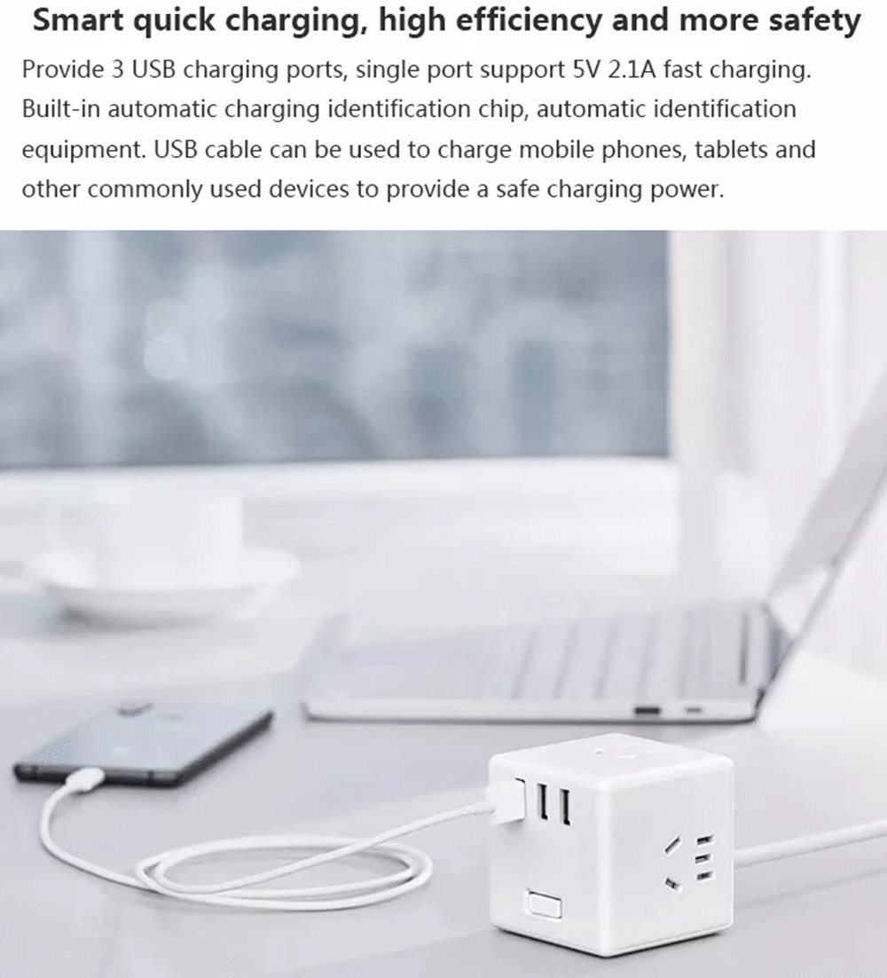 Xiaomi Mijia Magic Cube Converter 3 USB Ports Fast Charge Plug Socket Adapter Cordless Version - White