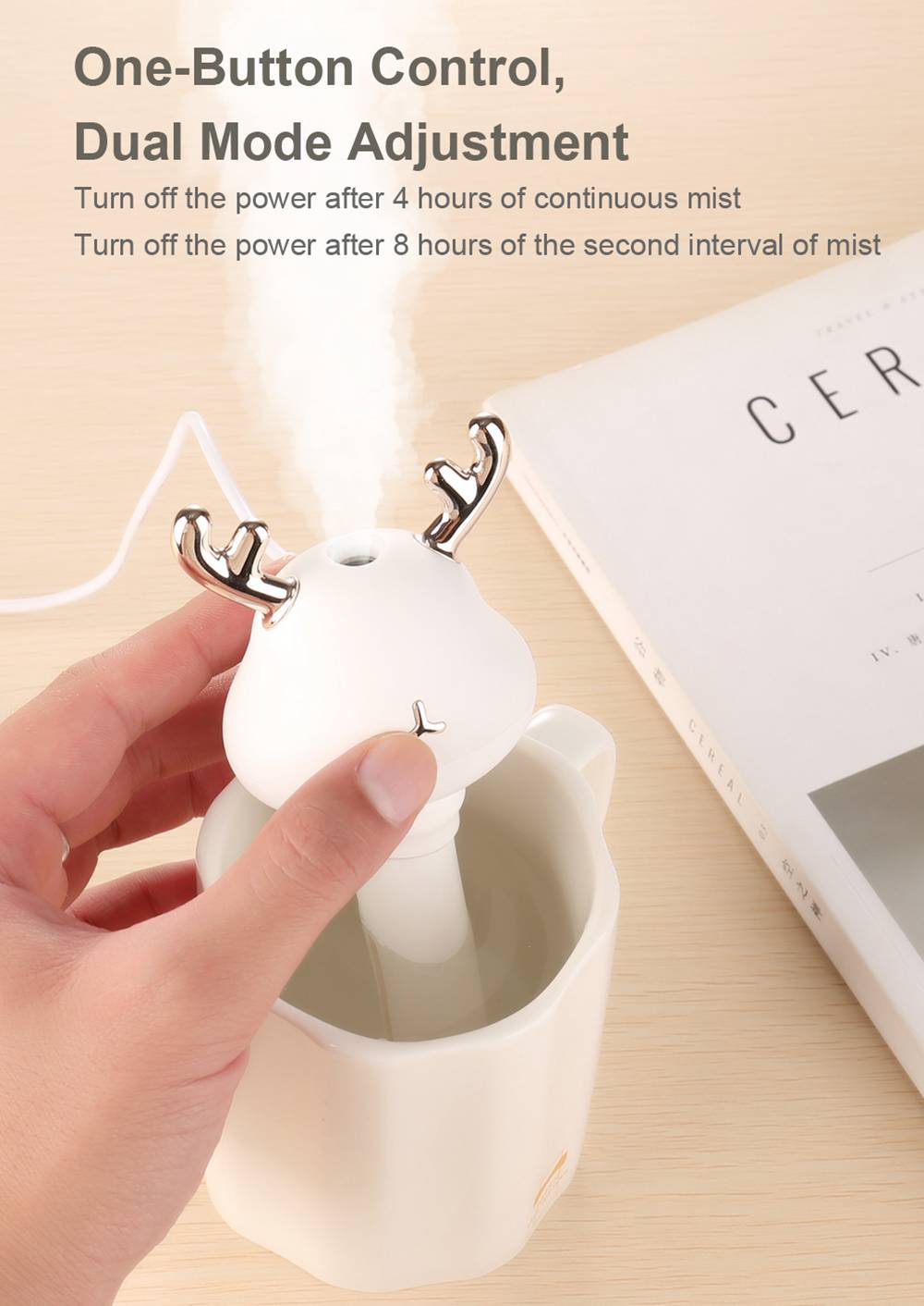 Mini USB Portable Deer Cool Mist Humidifier For Travel Car Home Hotel Office -White