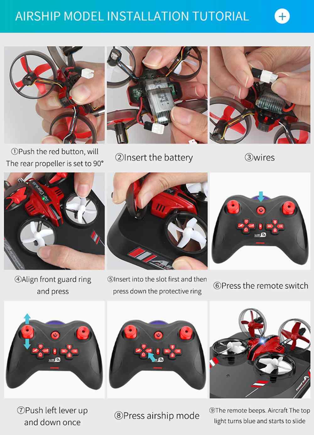 L6082 Air Genius RC Quadcopter Airplane Tiny Whoover All-In-One DIY 2.4G RC Drone For Kids Gift RTF Red - One Battery Version