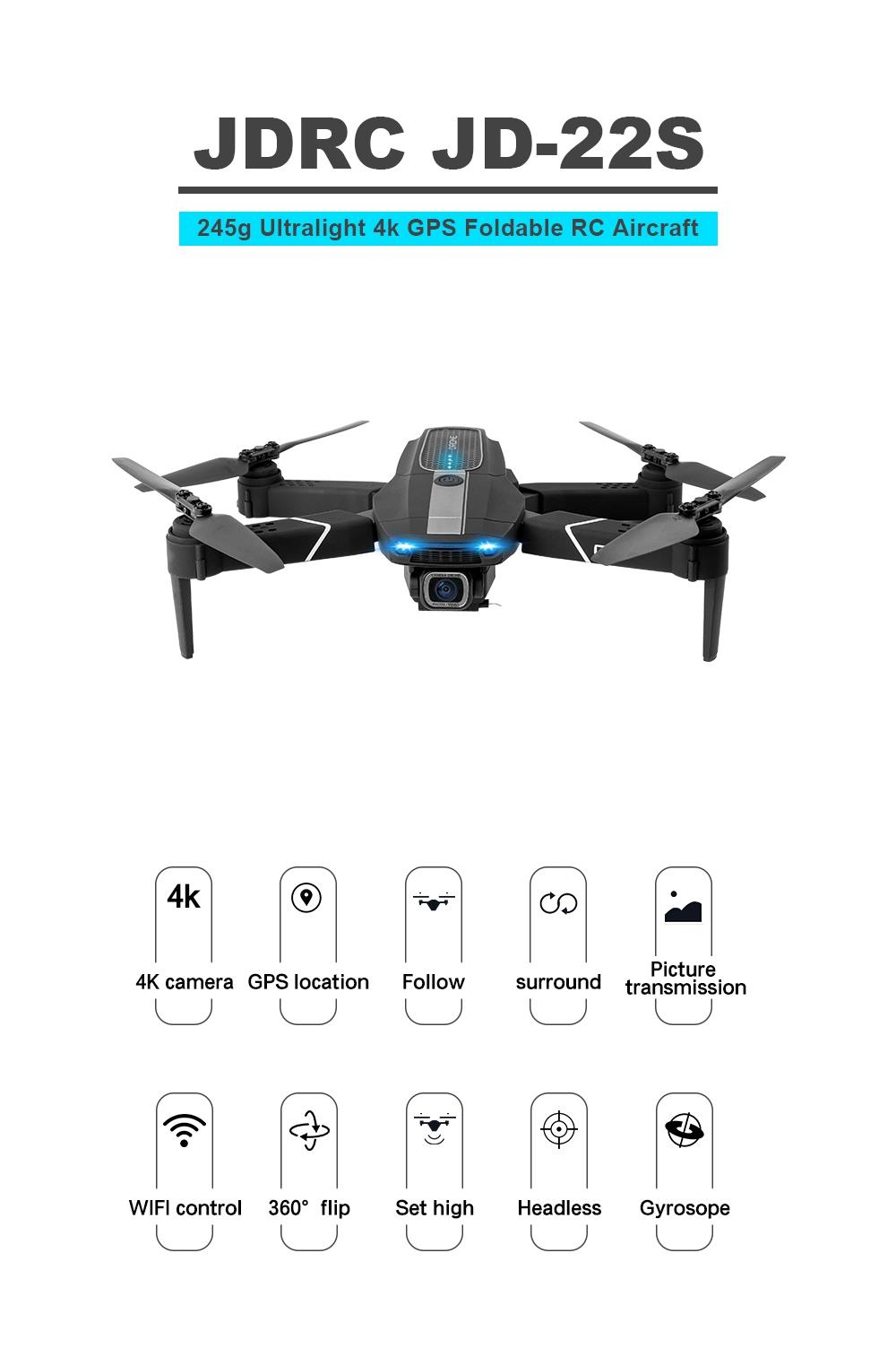 JDRC JD-22S 4K 5G WIFI FPV Foldable GPS RC Drone With Adjustable UHD Camera 16mins Flight Time Follow Me Mode RTF - One Battery With Bag