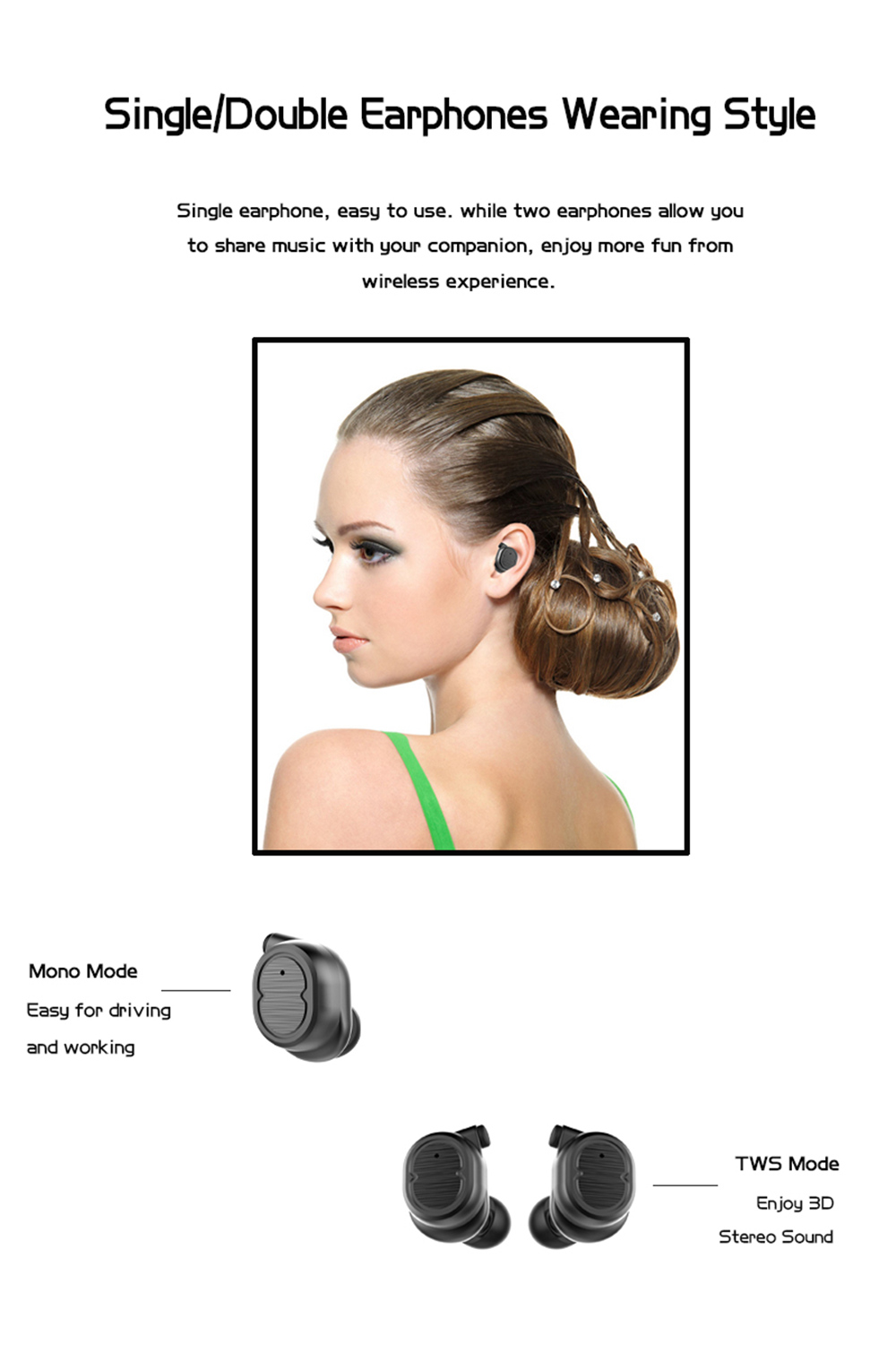 TWS-8 Bluetooth 5.0 Earbuds with Mic IPX4 Water Resistant - Black