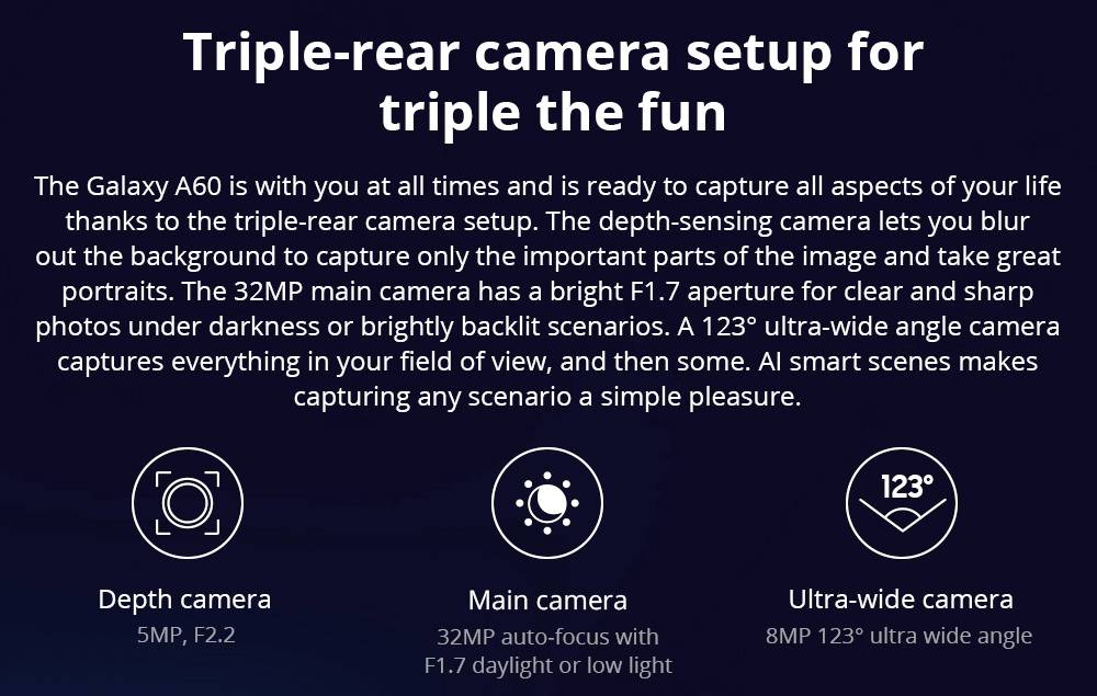 Samsung Galaxy A60 4G LTE Smartphone 6.3 Inch Snapdragon 675G 6GB 64GB 32.0MP+8.0MP+5.0MP Triple Rear Cameras Fingerprint ID Dual SIM Android 9.0 - Shallow Blue