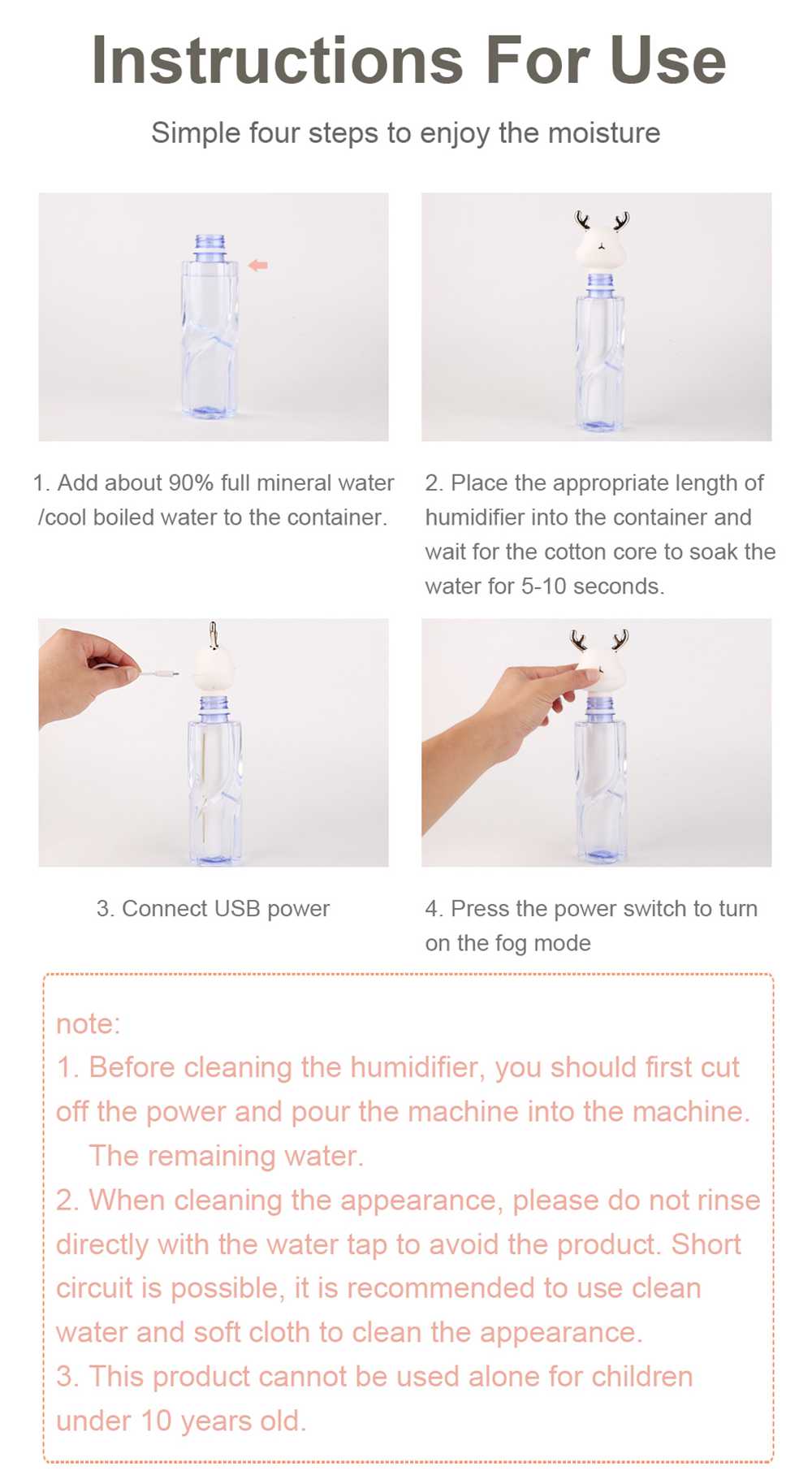 Mini USB Portable Deer Cool Mist Humidifier For Travel Car Home Hotel Office - Pink