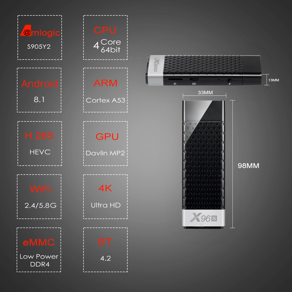 X96S Android 8.1 2GB DDR4 16GB eMMC Amlogic S905Y2 4K TV Dongle Dual Band WiFi Blutooth HDMI USB3.0