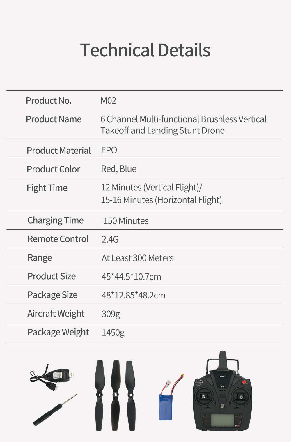 JJRC M02 2.4G 6CH Brushless EPO 450mm Wingspan 3D/6G Mode Switchable VTOL FPV Flying Wing RC Airplane RTF - Blue