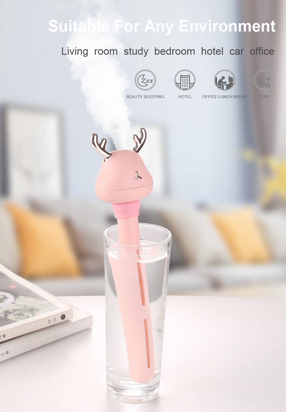 Mini USB Portable Deer Cool Mist Humidifier For Travel Car Home Hotel Office -White