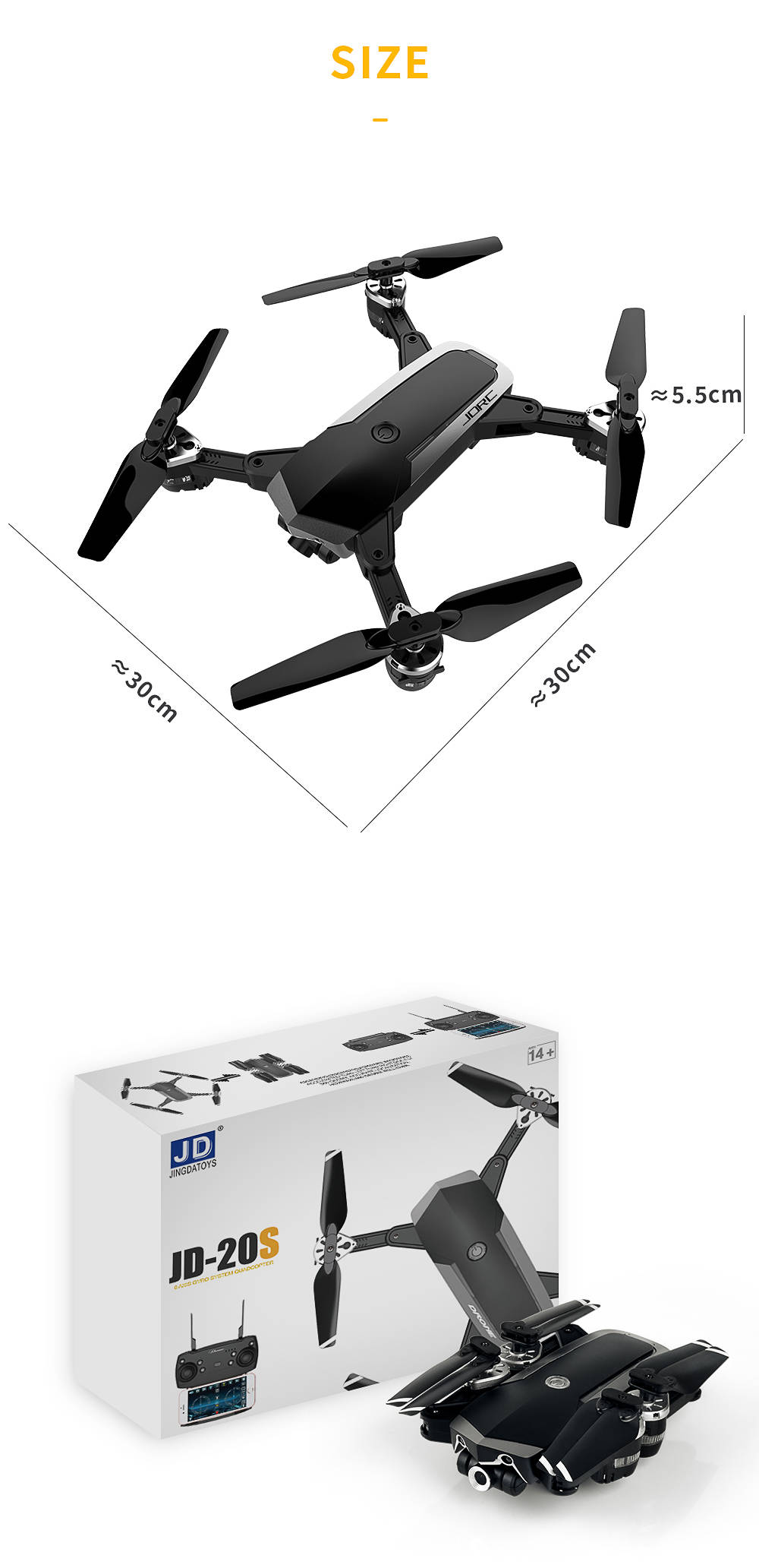 JDRC JD-20S 720P WIFI FPV Flying Time 15mins With 120 Degree Wide-angle Camera Altitude Hold Mode Foldable RC Drone RTF-Black