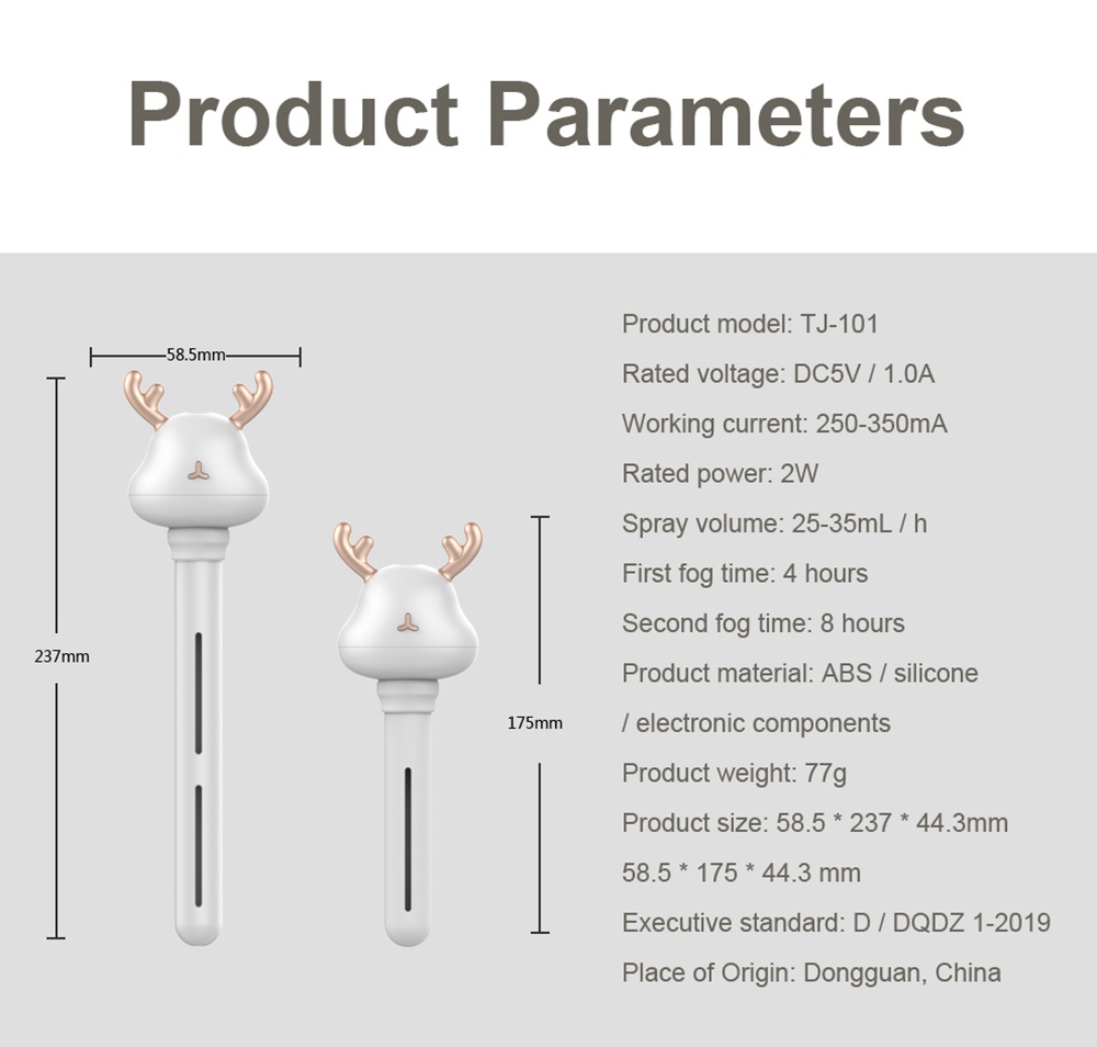 Mini USB Portable Deer Cool Mist Humidifier For Travel Car Home Hotel Office -White