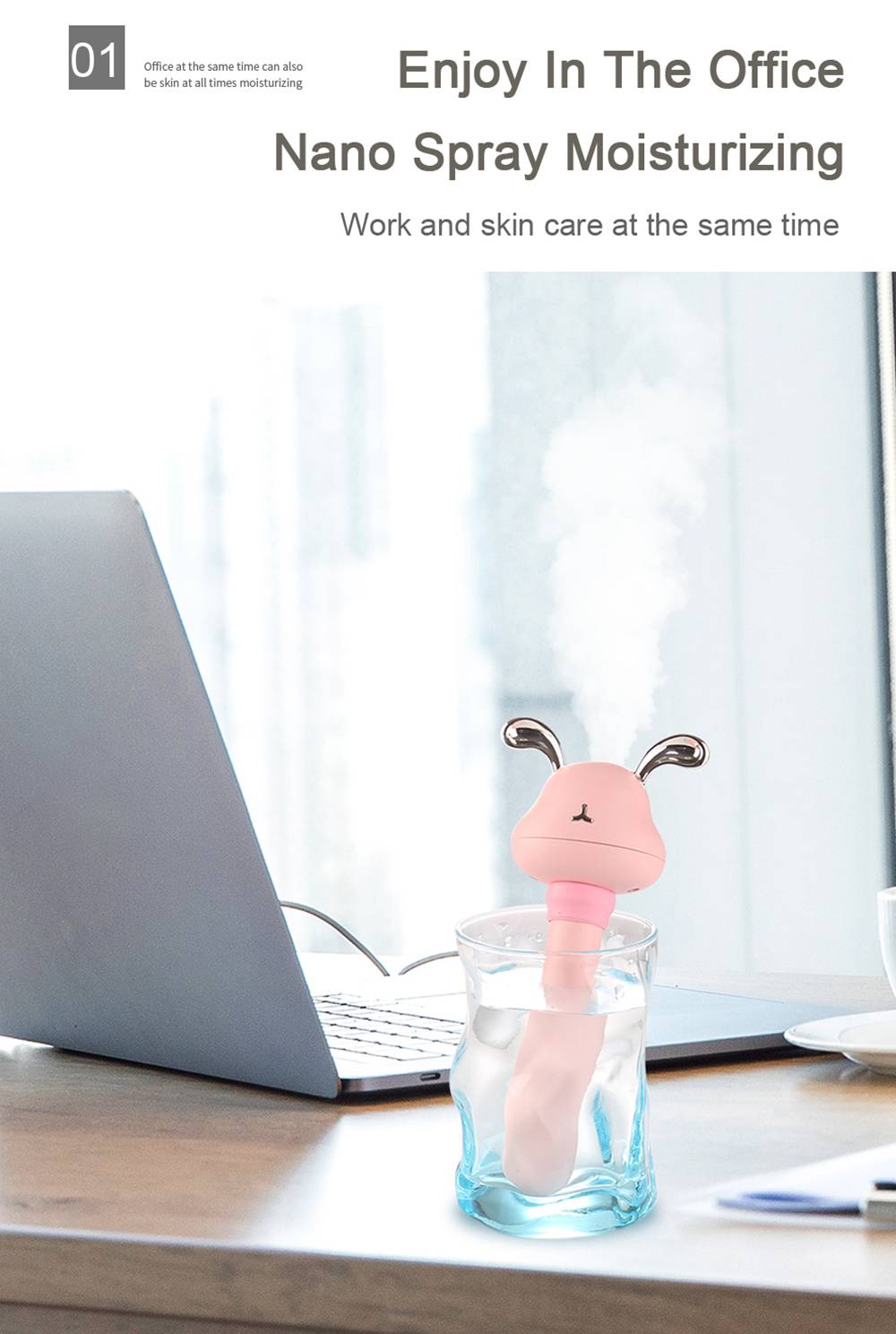 Mini USB Portable Deer Cool Mist Humidifier For Travel Car Home Hotel Office - Pink