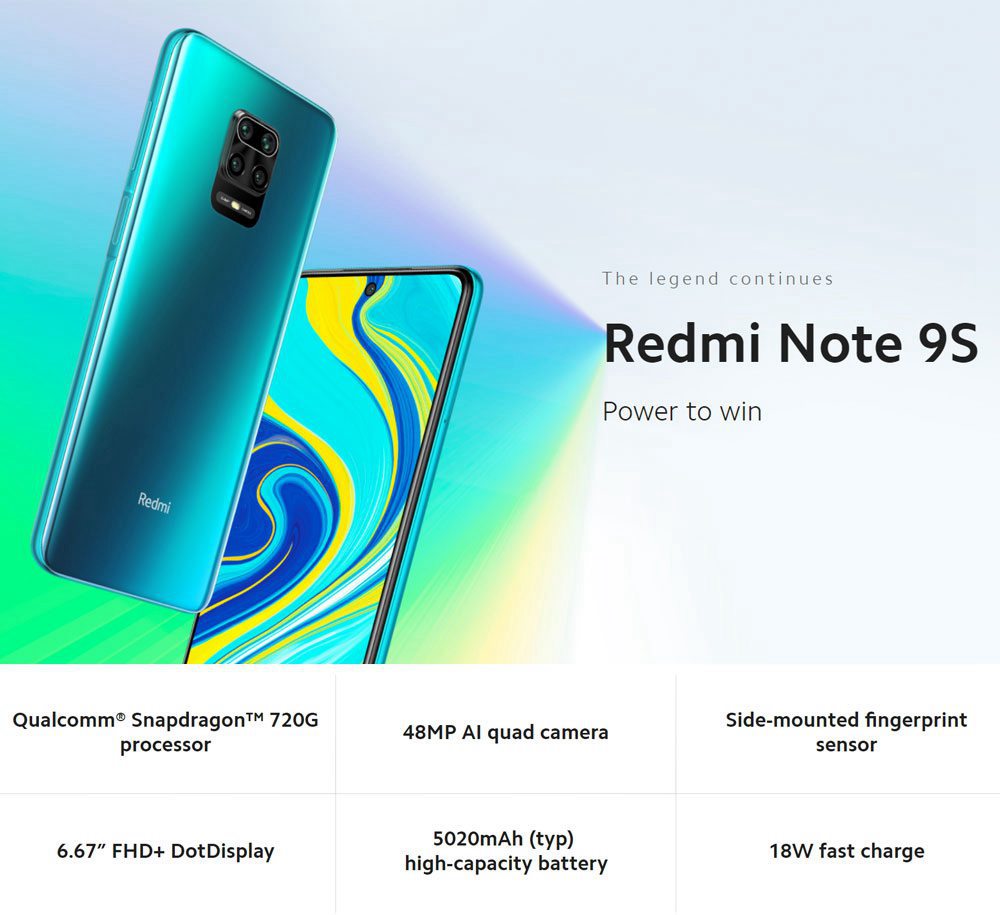 Xiaomi Redmi Note 9S 6.67 Inch 4G LTE Smartphone Qualcomm Snapdragon 720G 4GB RAM 64GB ROM Quad Rear Cameras Android 10.0 Dual SIM Dual Standby Global Version - Glacier White