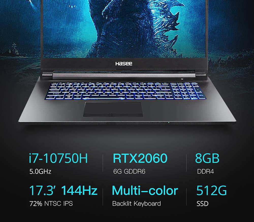 Hasee G8-CU7NA Gaming Laptop Intel Core i7-10750H 17.3 Inch 144Hz 1920 x 1080 FHD Screen NVIDIA GeForce® RTX 2060 Windows 10 8GB DDR4 512GB SSD RGB Backlit Keyboard English Version - Black