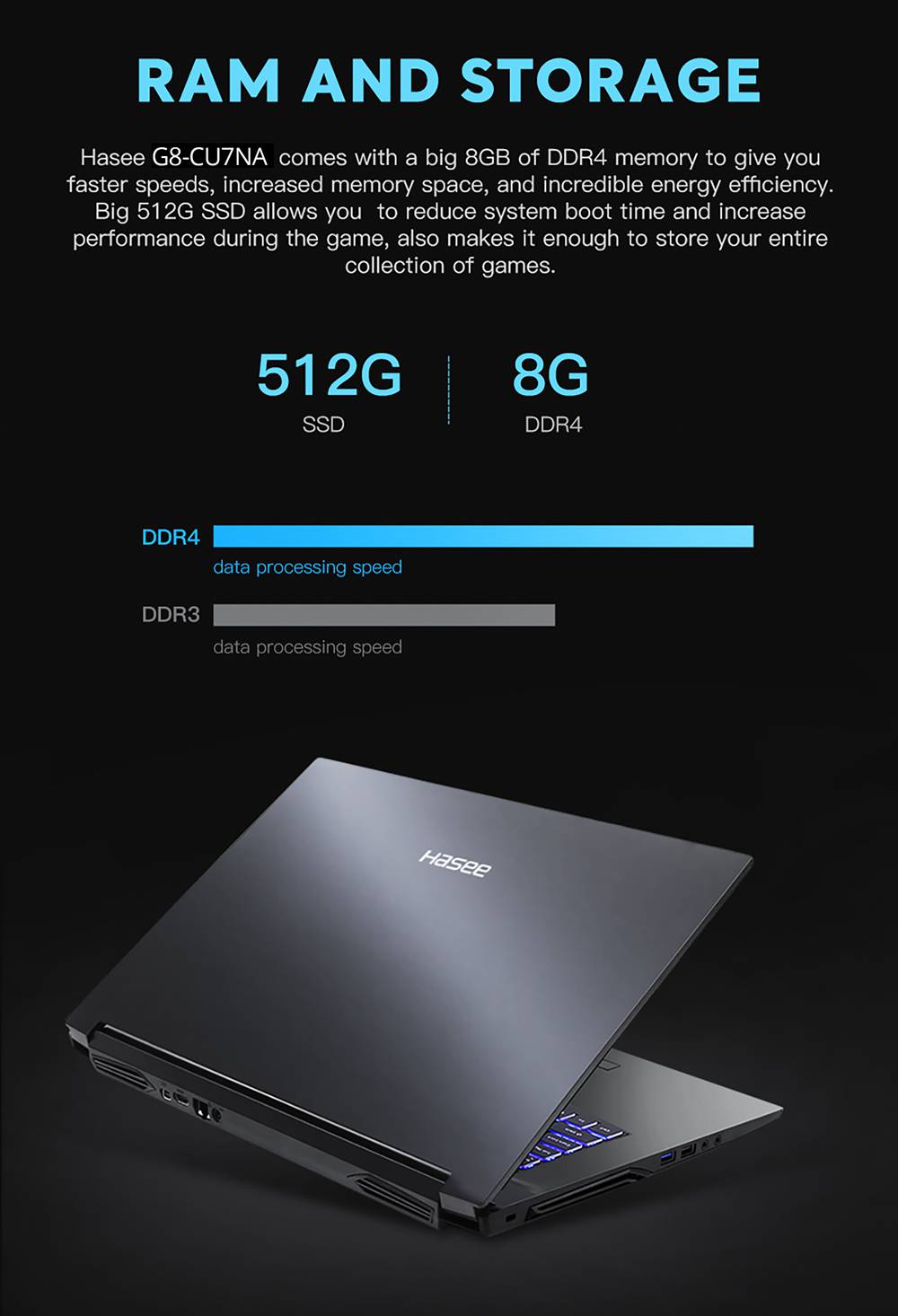 Hasee G8-CU7NA Gaming Laptop Intel Core i7-10750H 17.3 Inch 144Hz 1920 x 1080 FHD Screen NVIDIA GeForce® RTX 2060 Windows 10 8GB DDR4 512GB SSD RGB Backlit Keyboard English Version - Black