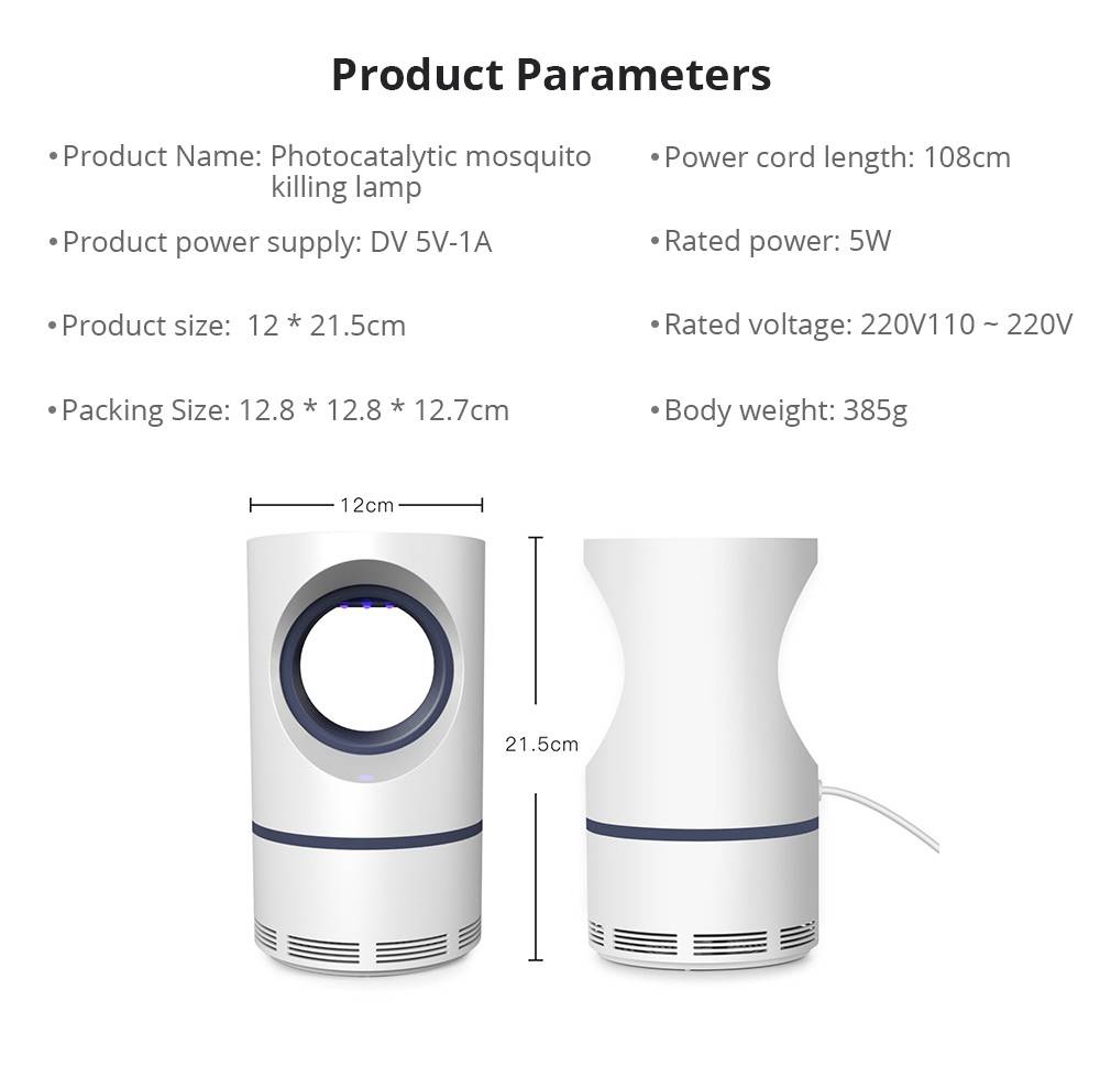 Electric Mosquito Killer Lamp Portable Mute Pure physical Photocatalyst Insect Pest Trap Lamp For Home Outdoor Camping USB Version 188 Large Size - White
